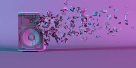 powerful loudspeaker falling apart into small parts, 3d illustrationの写真素材