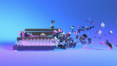 typewriter in neon light collapses into small parts, 3d illustration