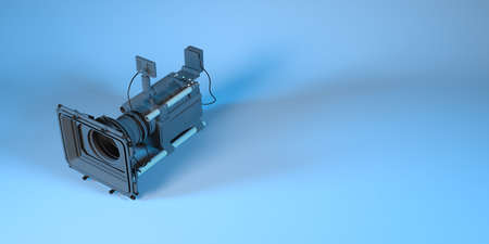 movie camera in blue light close-up, 3d illustration