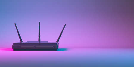 wi fi router in neon light close-up, 3d illustrationの写真素材