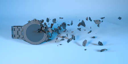 modern wrist watch in blue light falls apart into small parts, 3d illustration