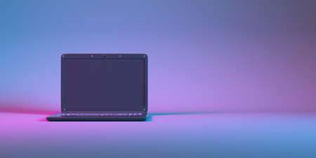 laptop in neon light close up, 3d illustration
