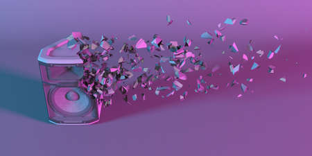 powerful loudspeaker falling apart into small parts, 3d illustration