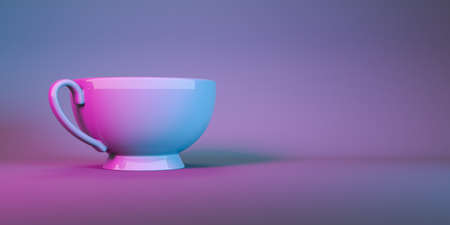 cup for tea in neon light close-up, 3d illustrationの写真素材