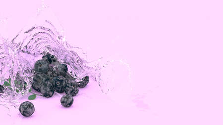 blueberries on purple background in splashes of water, 3d illustrationの写真素材