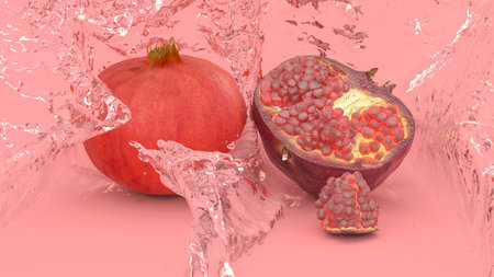 pomegranate fruit on red background in splashes of water, 3d illustration