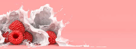 raspberries on a red background in a splash of milk, 3d illustrationの写真素材