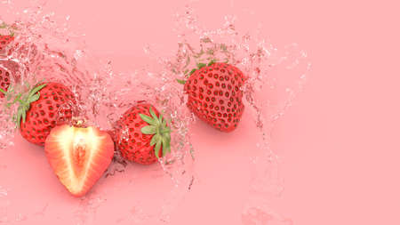 strawberries on a red background in splashes of water, 3d illustrationの写真素材