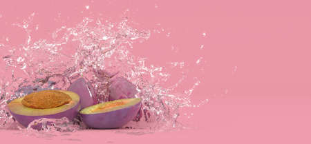 plum on a purple background in splashes of water, 3d illustrationの写真素材