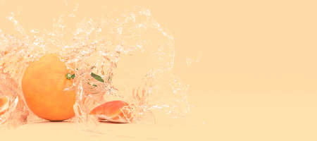 tangerine on a yellow background in splashes of water, 3d illustrationの写真素材