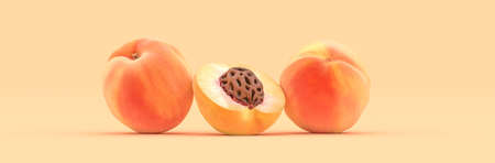 peach on a yellow background, 3d illustrationの写真素材