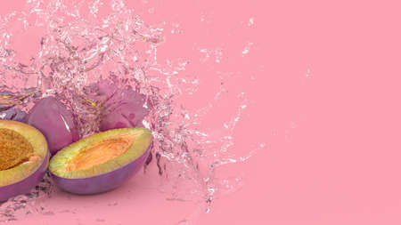 plum on a purple background in splashes of water, 3d illustration
