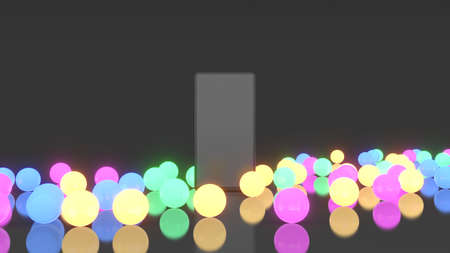 smartphone among multicolored glowing balls, 3d illustration