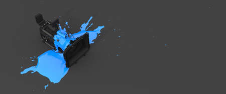 video camera covered with blue paint in the form of a blot, 3d illustrationの写真素材