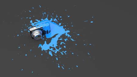 camera filled with blue paint in the form of a blot, 3d illustrationの写真素材
