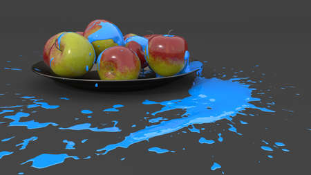 apples on a plate covered with blue paint in the form of a blot, 3d illustration