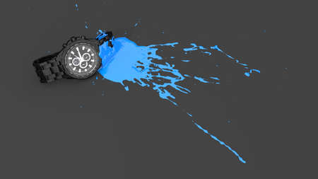wrist watch covered with blue paint in the form of a blot, 3d illustrationの写真素材