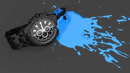 wrist watch covered with blue paint in the form of a blot, 3d illustration