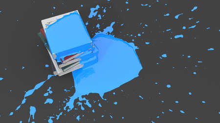 stack of books covered with blue paint in the form of a blot, 3d illustrationの写真素材