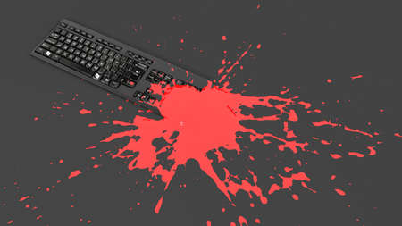 keyboard covered with red paint in the form of a blot, 3d illustration