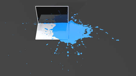 laptop stained with blue paint in the form of blots, 3d illustrationの写真素材