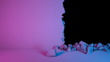 break in the wall vertically in neon lighting, 3d illustrationの写真素材