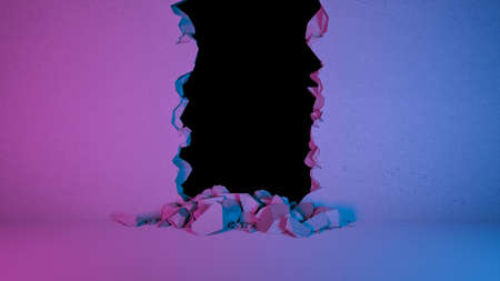 break in the wall vertically in neon lighting, 3d illustration