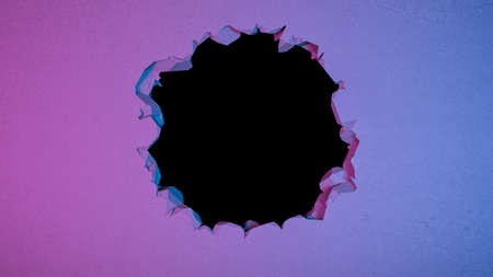 break in the wall in the form of a circle in neon lighting, 3d illustrationの写真素材