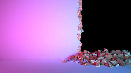 break in a brick wall covered with plaster vertically in neon lighting, 3d illustrationの写真素材