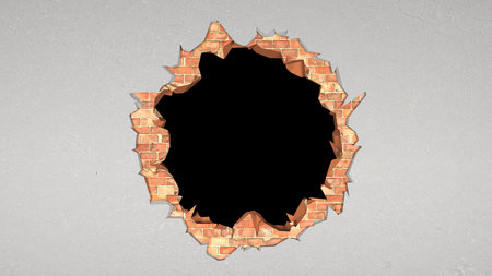 breach in a brick wall covered with plaster in the shape of a circle, 3d illustrationの写真素材
