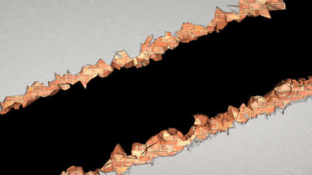 gap in a brick wall covered with plaster diagonally, 3d illustration