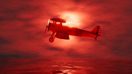 propeller vintage plane flying in the fog in red lighting, 3d illustrationの写真素材