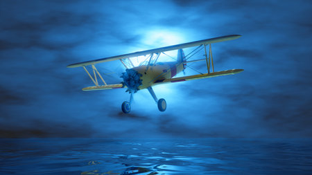 propeller vintage plane flying in the fog in blue lighting, 3d illustrationの写真素材