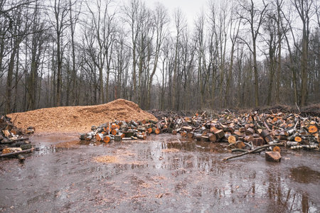 sawmill with logs and sawdust in an autumn park against the background of trees in the rainの写真素材