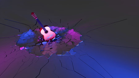 guitar fell on the floor and broke it in neon lighting, 3d illustration