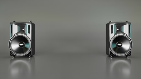 two acoustic systems left and right on a gray background, 3d illustrationの写真素材