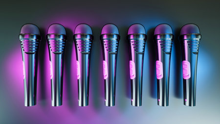 several wireless black microphones under ultraviolet light, 3d illustrationの写真素材