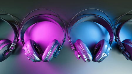 several black headphones under ultraviolet light, 3d illustration