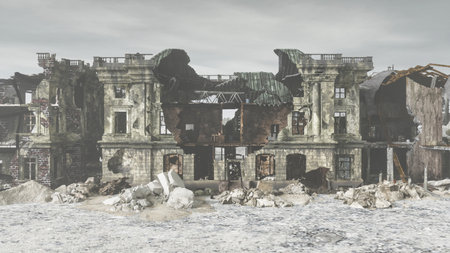 devastated destroyed buildings after military action, 3d illustrationの写真素材