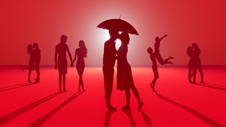 silhouettes of people in love on a pink background, 3d illustrationの写真素材