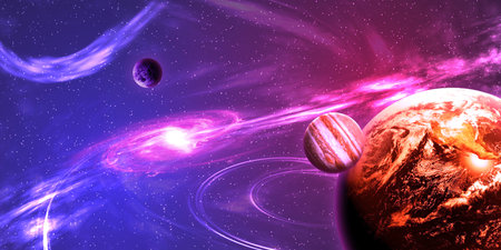 planets in deep space against a beautiful nebula illustration