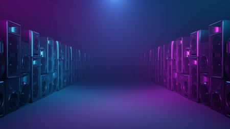 acoustic systems in ultraviolet light in fog, 3d illustration