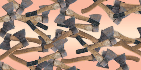 old working axes with rust on the blade on a pink background