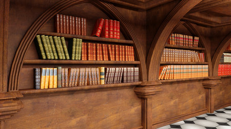 view of bookshelves in an old library, 3d illustrationの写真素材