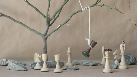 chess piece black rook hanging on noose among white chess pieces on beige backgroundの写真素材