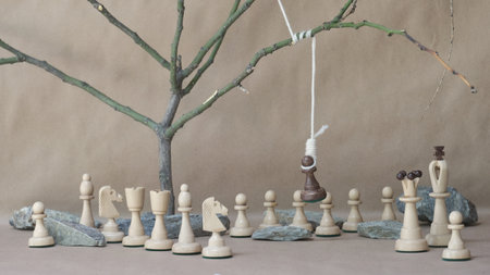 chess piece black pawn hanging on noose among white chess pieces on beige backgroundの写真素材