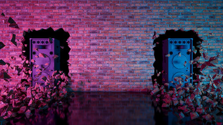 two acoustic speakers located in a crack in a brick wall in neon lighting 3d illustrationの写真素材