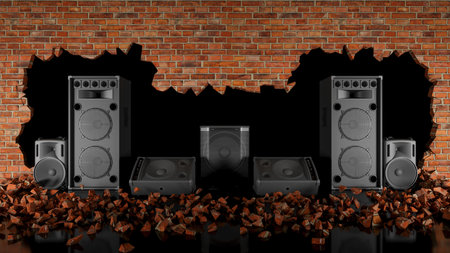 seven acoustic speakers located in a crack in a brick wall 3d illustrationの写真素材