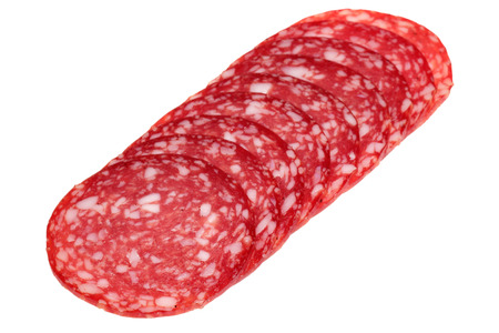 The cut smoked sausage it is isolated on a white backgroundの写真素材