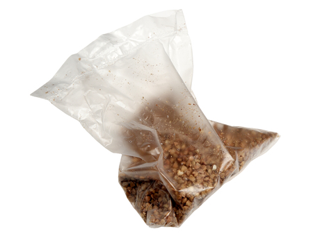 Package of instant buckwheat it is isolated on a white backgroundの写真素材